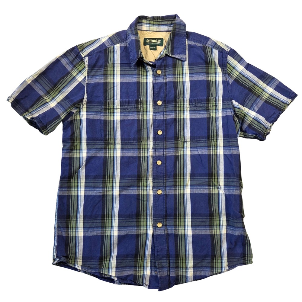 Outdoor Life Mens Plaid Short Sleeve Button Down Shirt Blue Green Cotton Medium